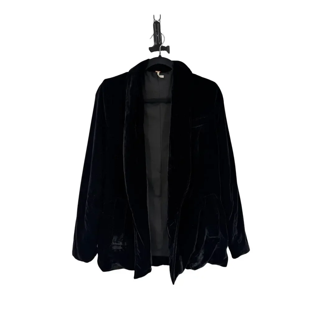 Free People Womens XS Open Front Velvet Blazer Black Victorian Regency Dark Boho